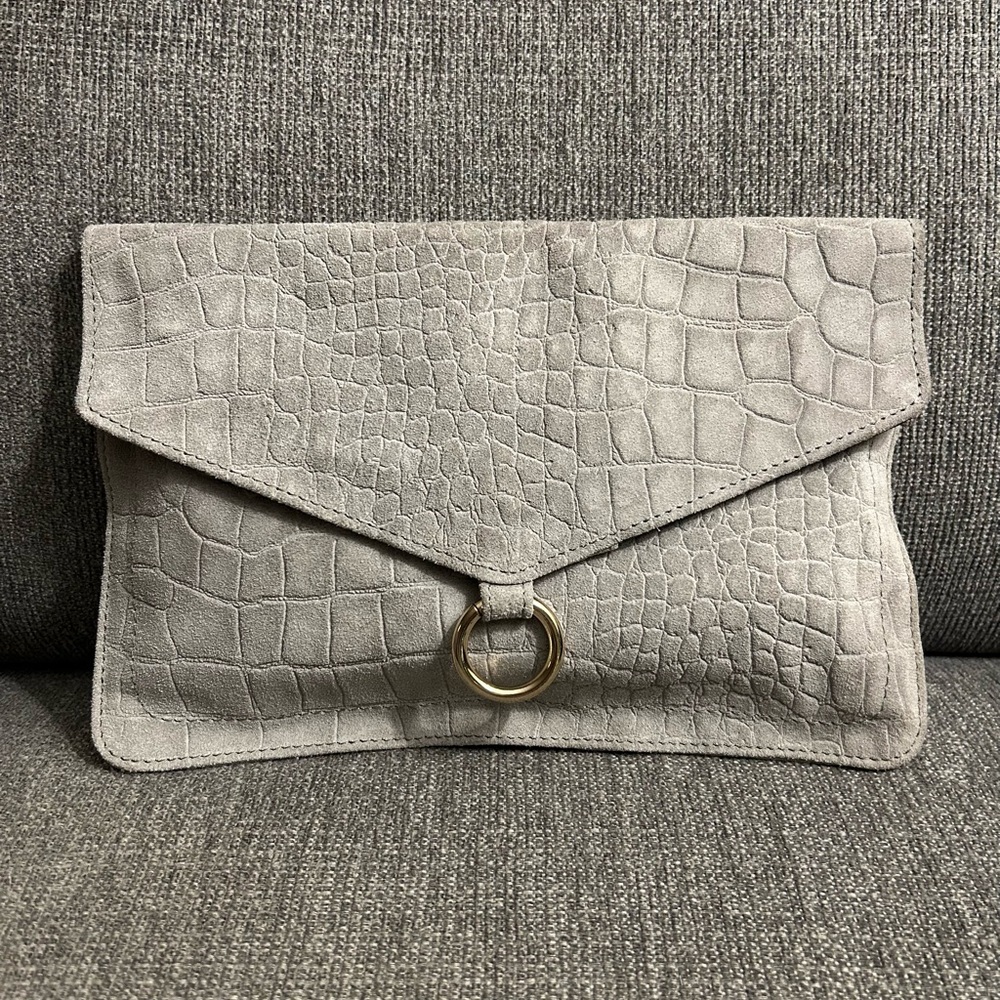 ASOS Gray Suede Crocodile Embossed Clutch